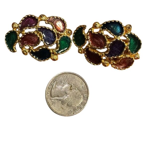 Vintage Multicolor Enamel Leaf clip Earrings - Picture 2 of 3